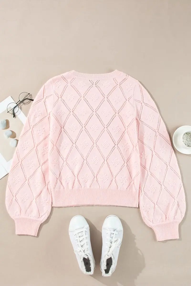 Sweaters Love Salve Pink Plaid Sweater Women's Casual Cropped Knit Top: Openwork Detail