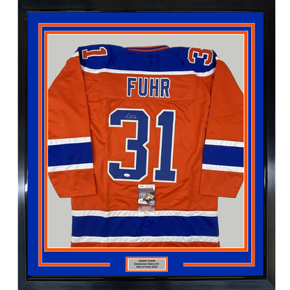 Framed Autographed/Signed Grant Fuhr 35x39 Edmonton Orange Hockey Jersey JSA COA