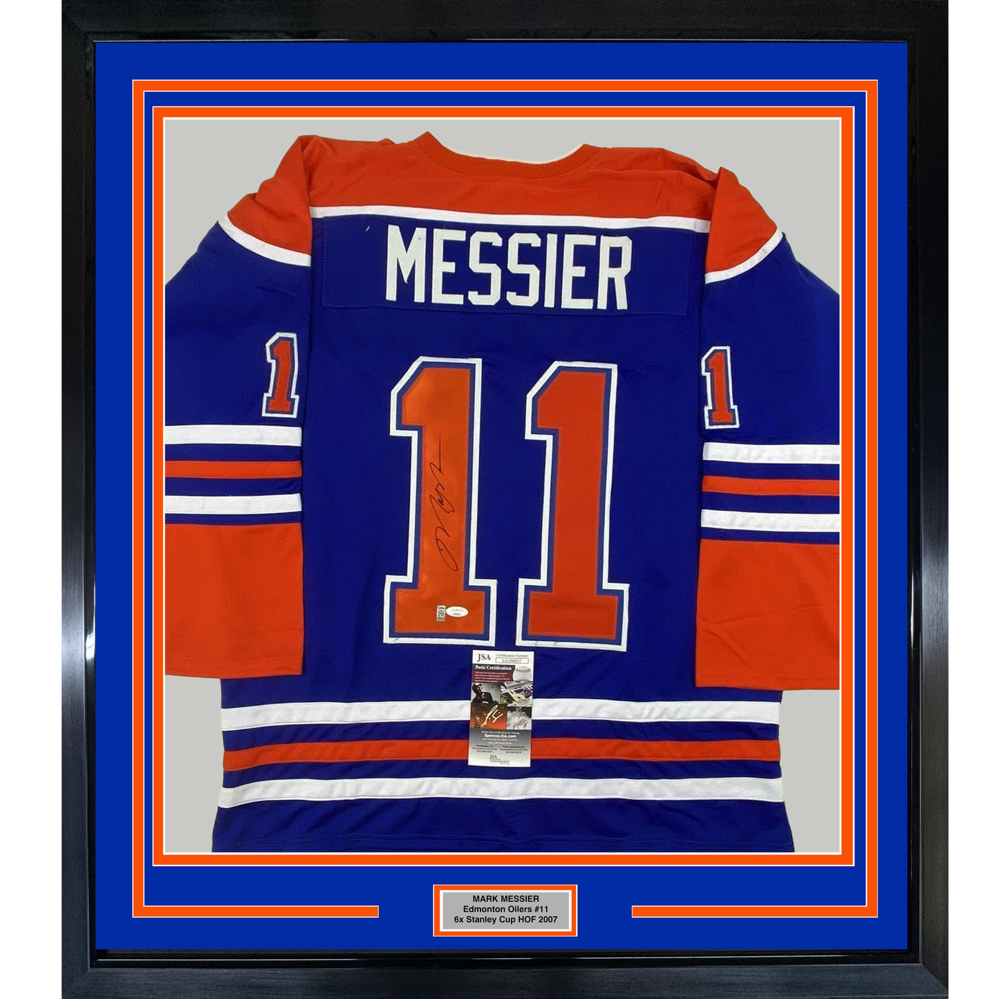 Framed Autographed/Signed Mark Messier 35x39 Edmonton Blue Hockey Jersey JSA COA
