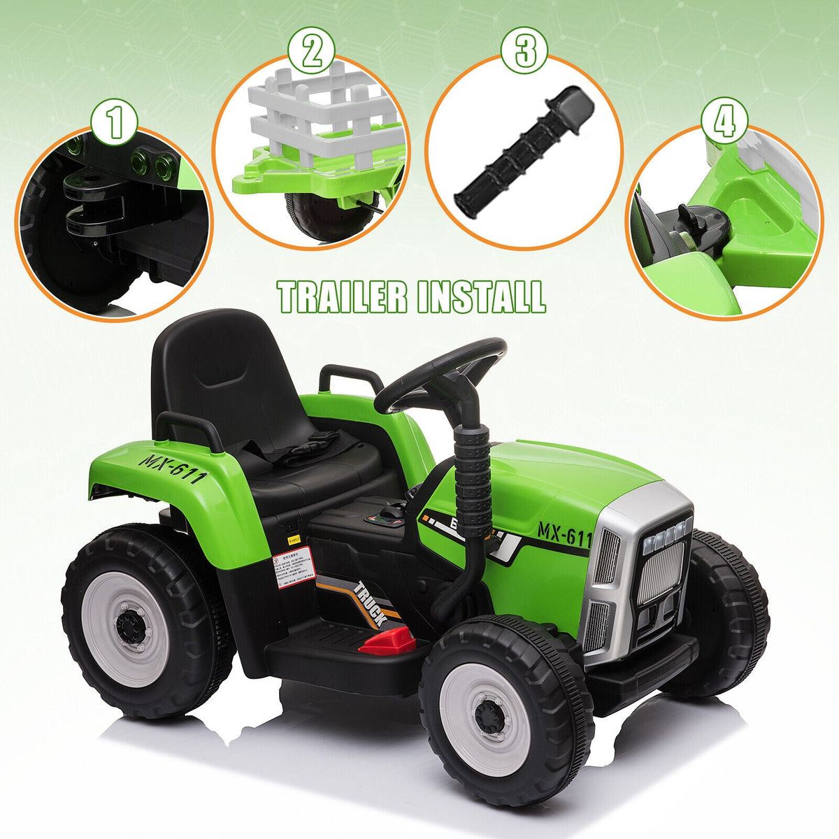 Green 12V Electric Tractor with Trailer for Toddlers - Remote Controlled Ride On Car