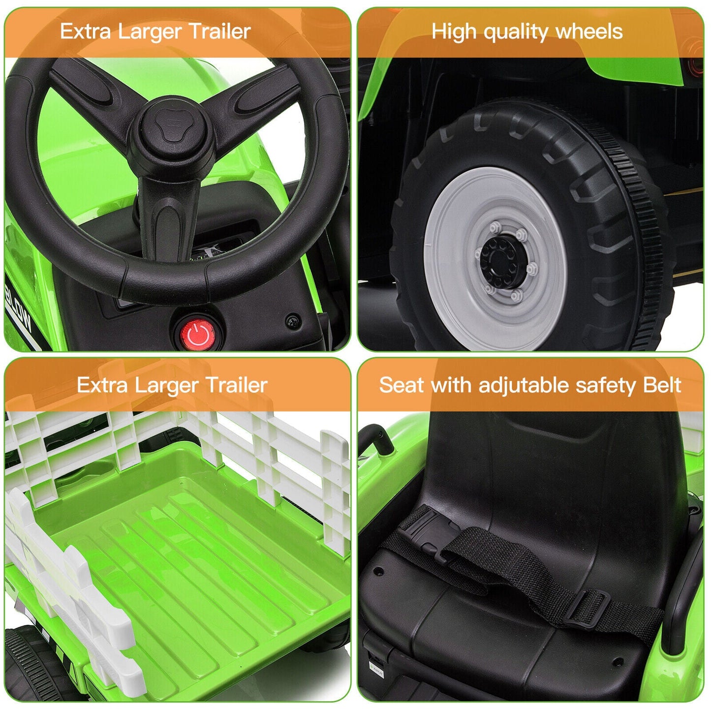 Green 12V Electric Tractor with Trailer for Toddlers - Remote Controlled Ride On Car