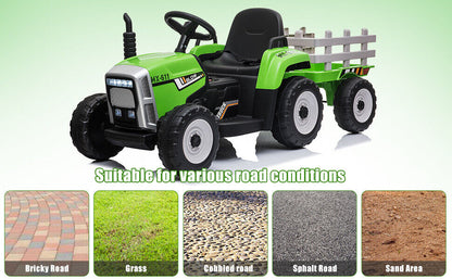 Green 12V Electric Tractor with Trailer for Toddlers - Remote Controlled Ride On Car