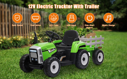 Electric Green Tractor Ride-On Toy for Kids with Remote Control and Trailer - 3 Speed Options
