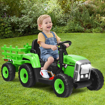 Green 12V Kids Ride On Tractor Trailer with RC Control and Lights