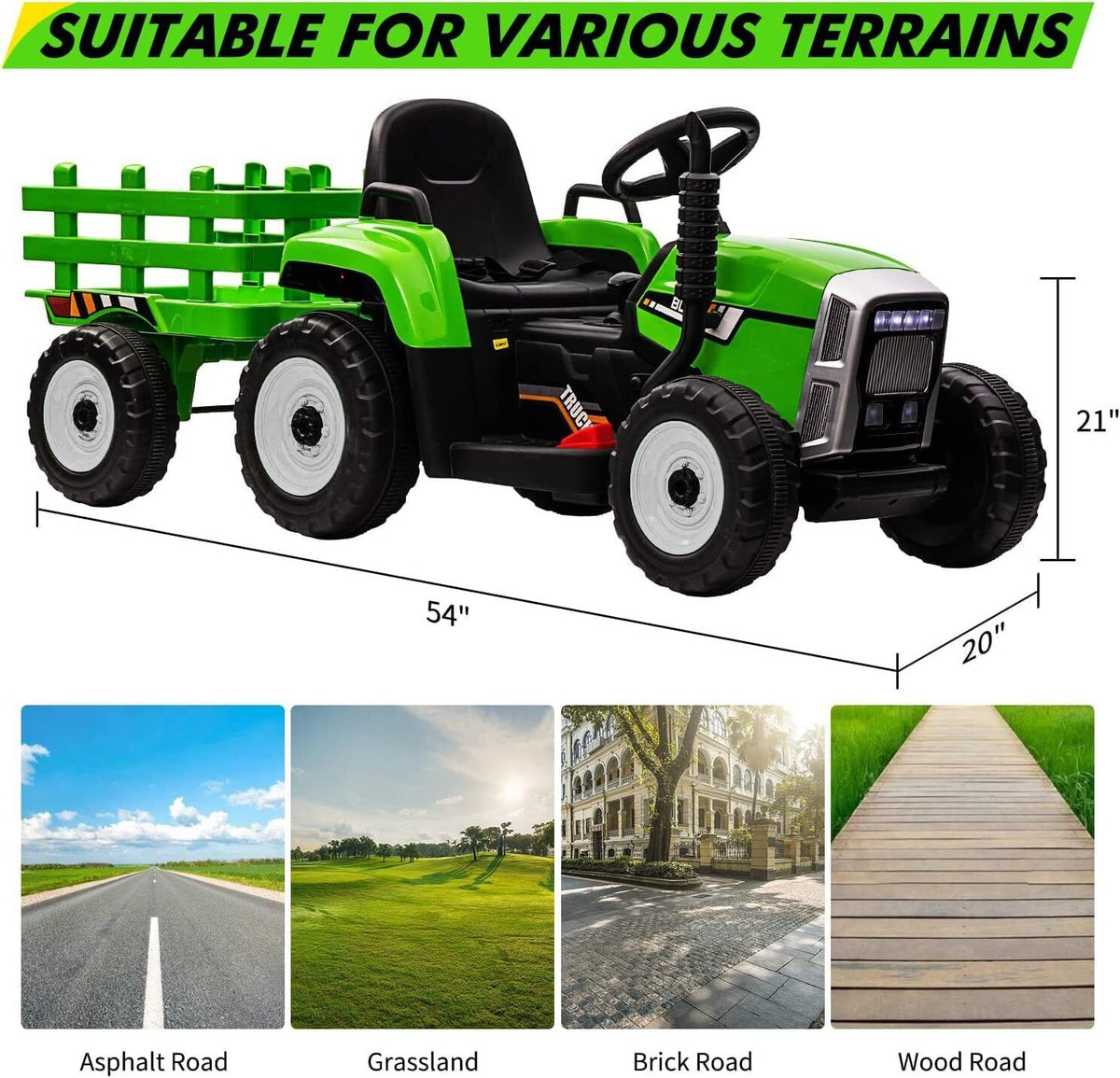 Green 12V Ride-On Tractor with Trailer and Remote Control for Kids, Featuring LED Headlights