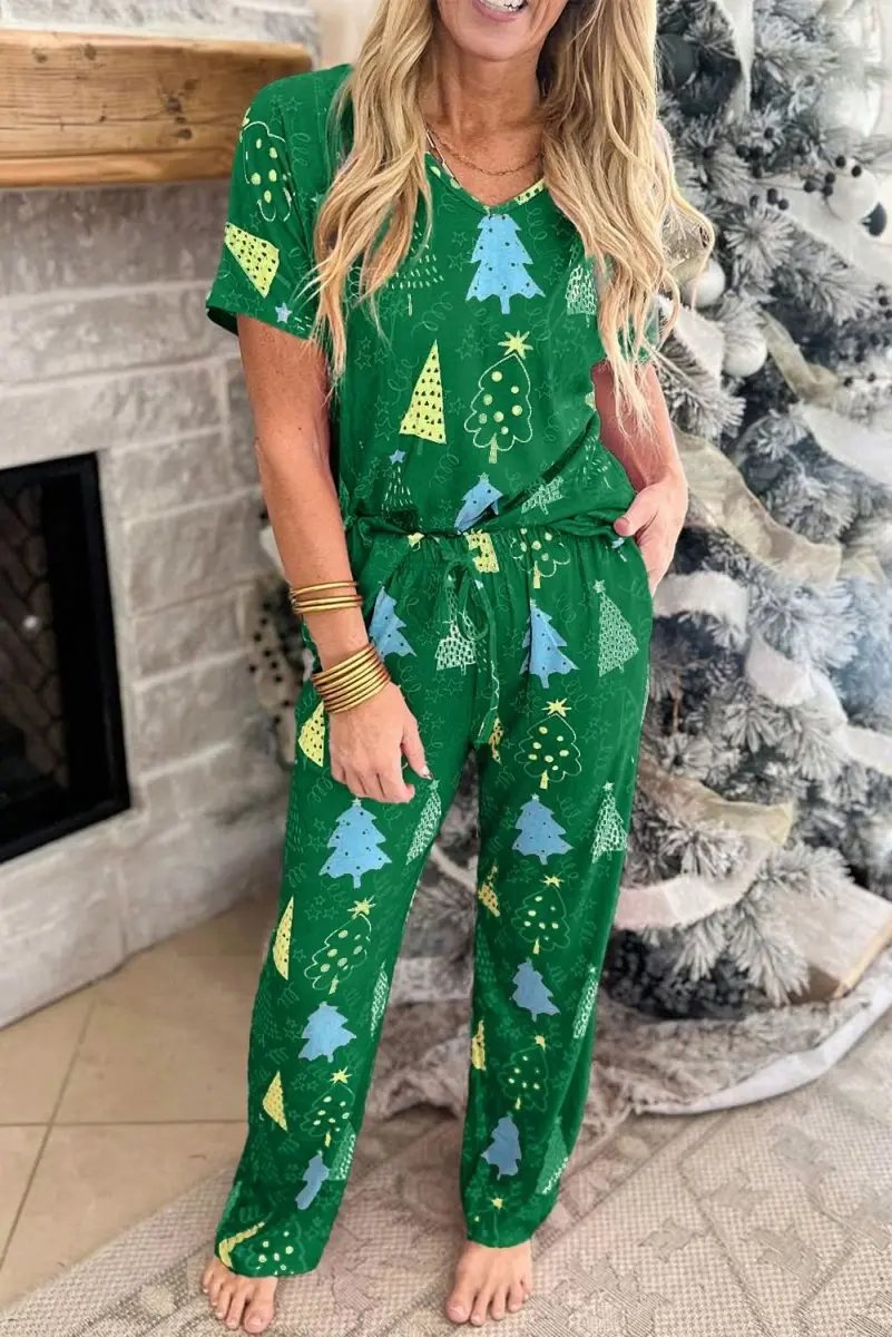 Pants Love Salve Green Christmas Print Women's Loungewear Set Comfy Pajama Set