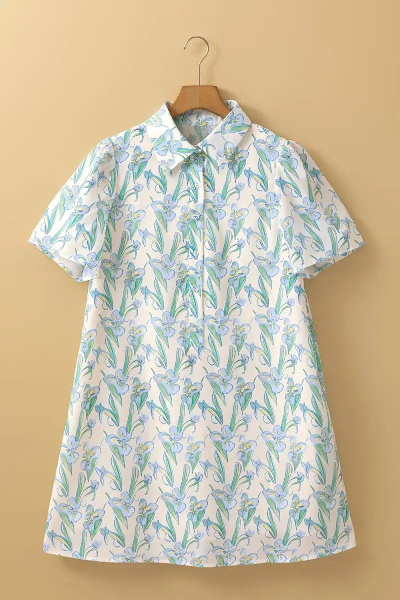 Women's Shift Dress - Green Floral Buttoned - Summer Daily Wear