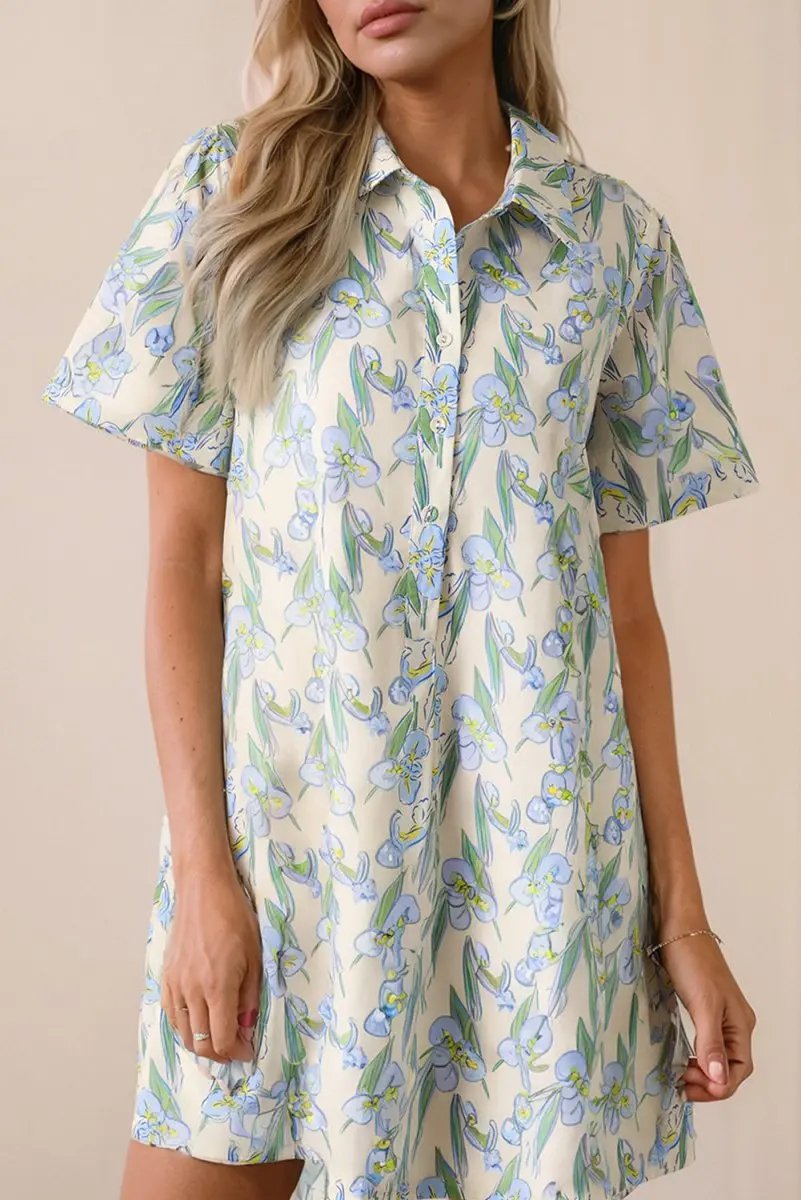 Women's Shift Dress - Green Floral Buttoned - Summer Daily Wear