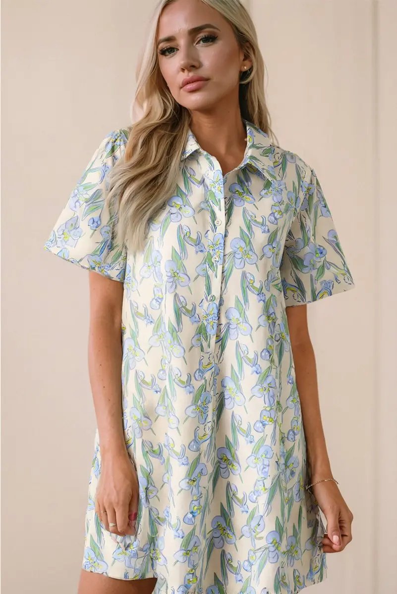 Women's Shift Dress - Green Floral Buttoned - Summer Daily Wear