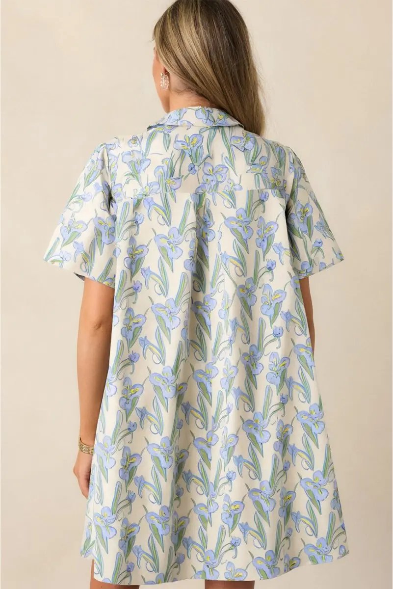 Women's Shift Dress - Green Floral Buttoned - Summer Daily Wear