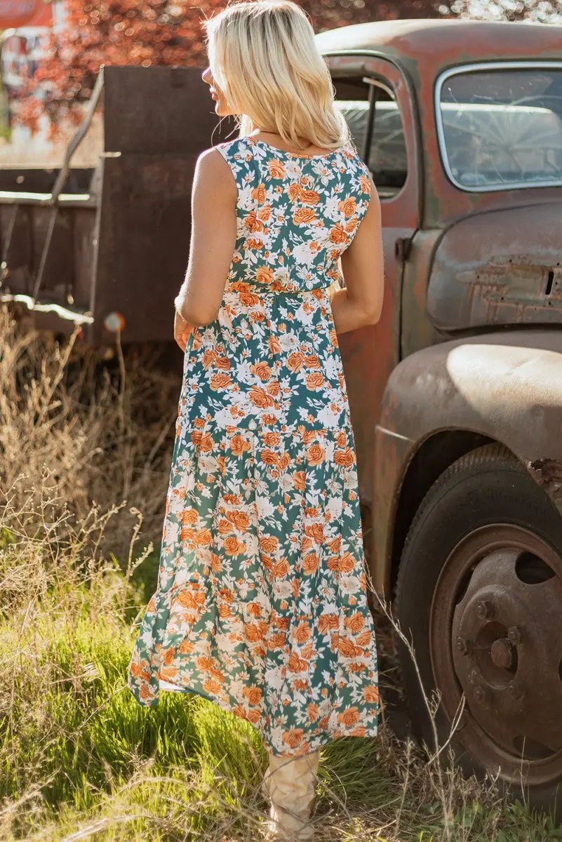 Dresses Love Salve Green Floral Dress Women's Vacation A-Line Dress: Tie Waist, Summer