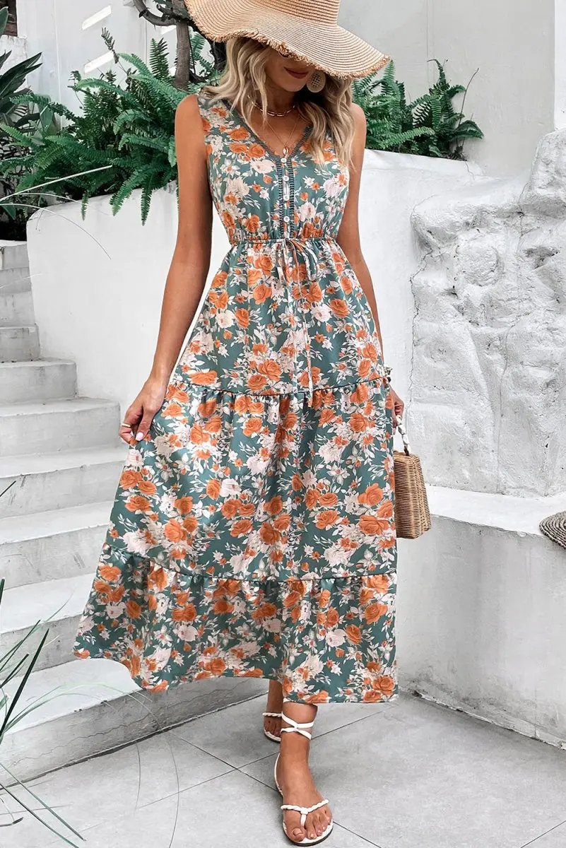 Dresses Love Salve Green Floral Dress Women's Vacation A-Line Dress: Tie Waist, Summer
