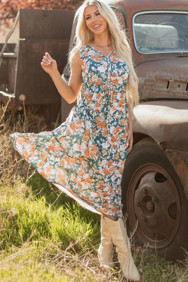 Dresses Love Salve Green Floral Dress Women's Vacation A-Line Dress: Tie Waist, Summer