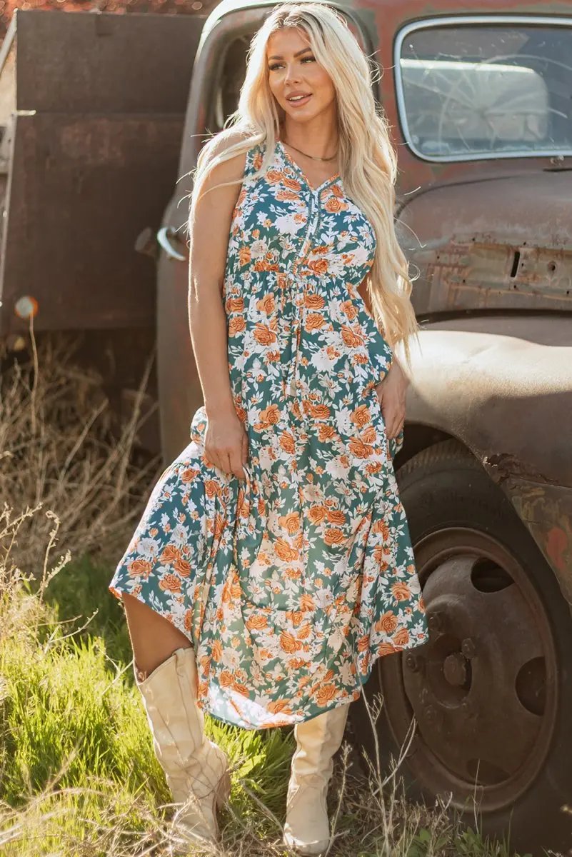 Dresses Love Salve Green Floral Dress Women's Vacation A-Line Dress: Tie Waist, Summer