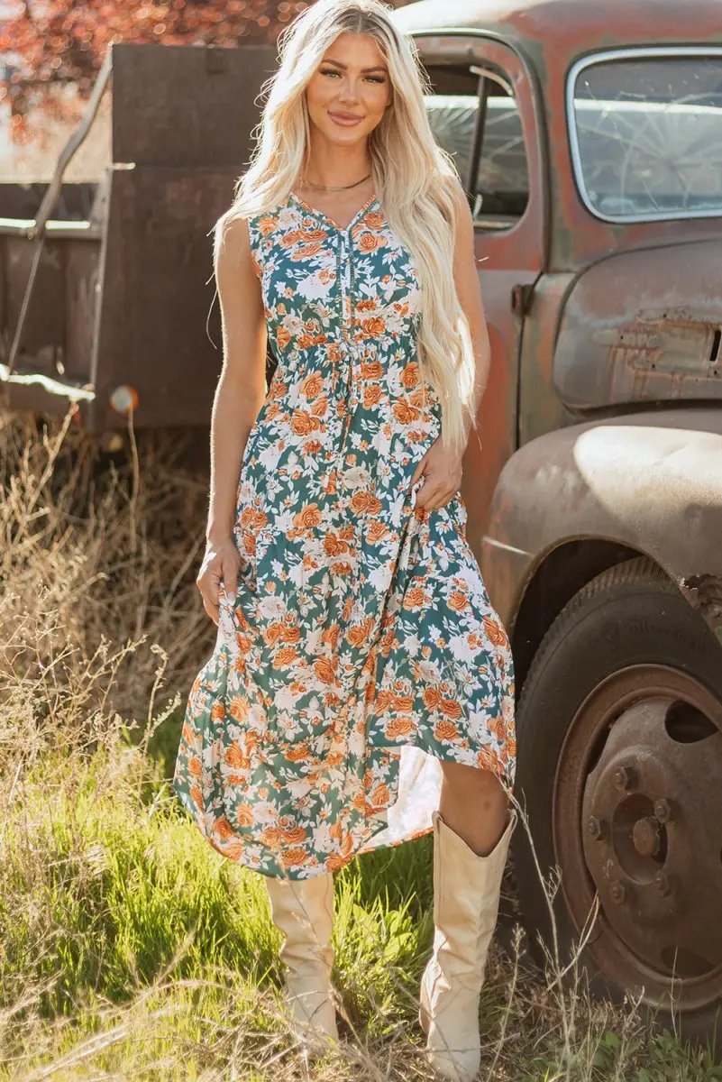 Dresses Love Salve Green Floral Dress Women's Vacation A-Line Dress: Tie Waist, Summer