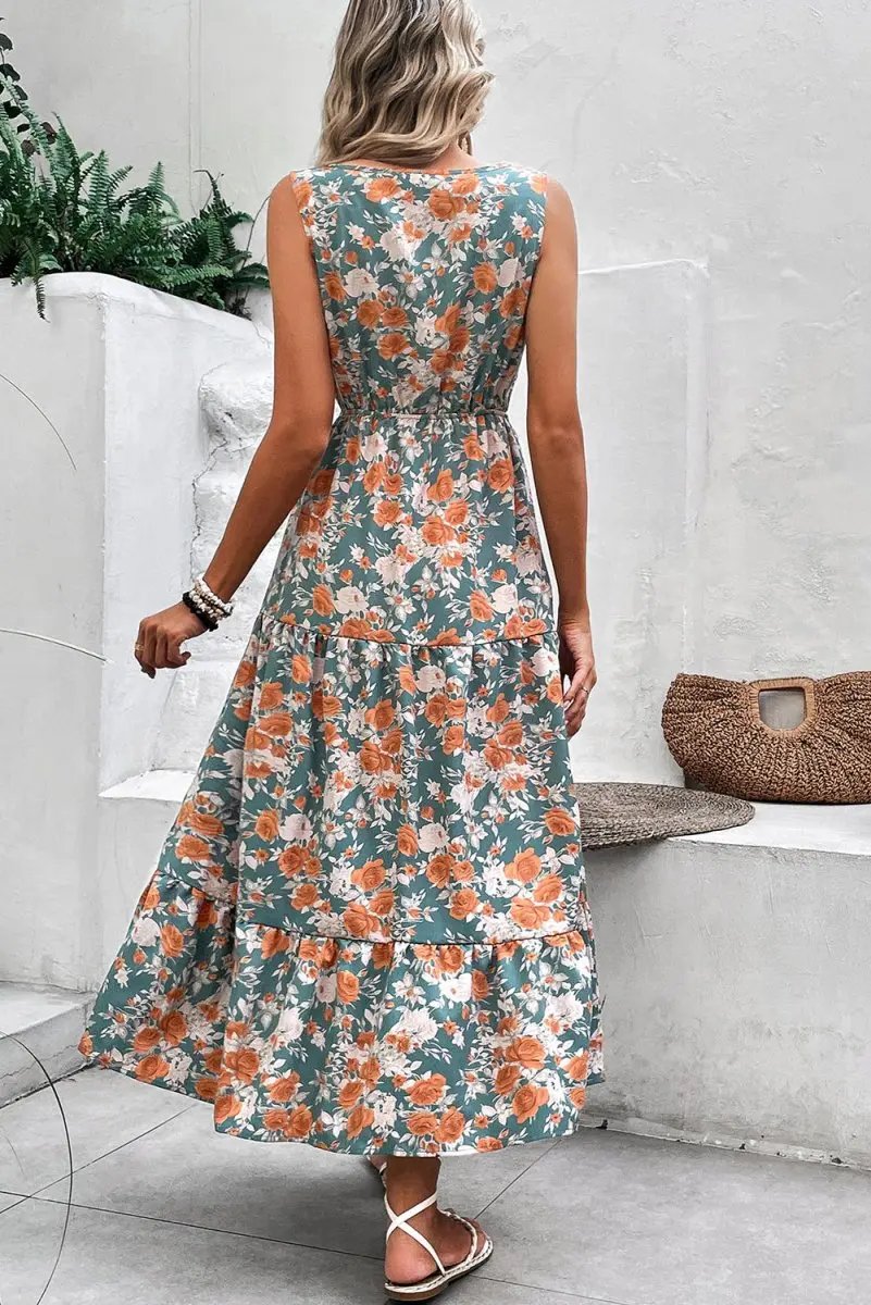 Dresses Love Salve Green Floral Dress Women's Vacation A-Line Dress: Tie Waist, Summer