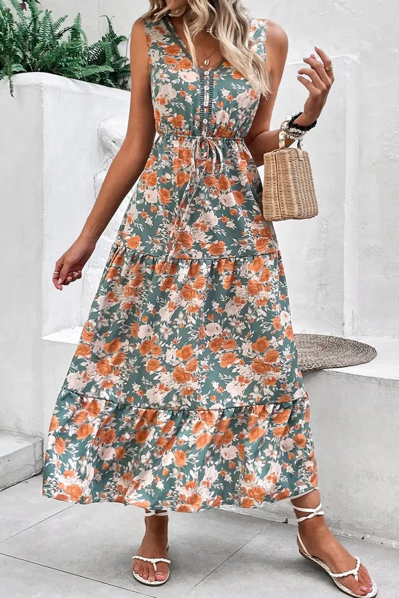 Dresses Love Salve Green Floral Dress Women's Vacation A-Line Dress: Tie Waist, Summer
