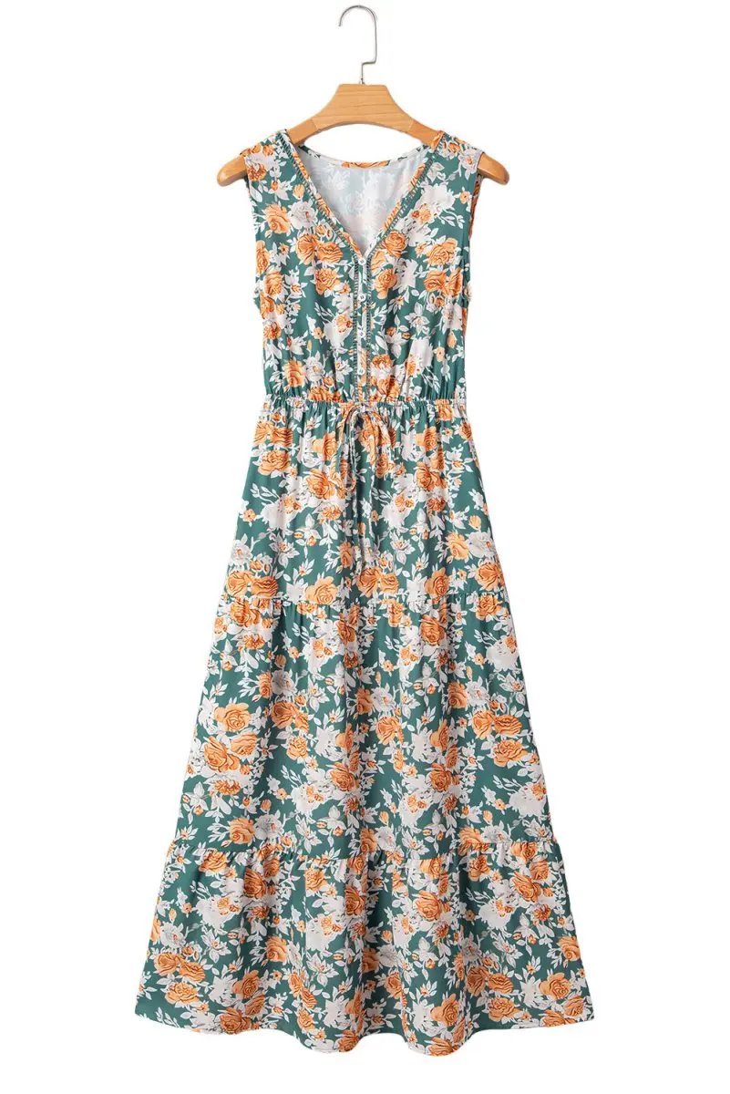 Dresses Love Salve Green Floral Dress Women's Vacation A-Line Dress: Tie Waist, Summer