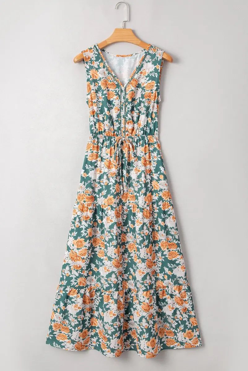 Dresses Love Salve Green Floral Dress Women's Vacation A-Line Dress: Tie Waist, Summer