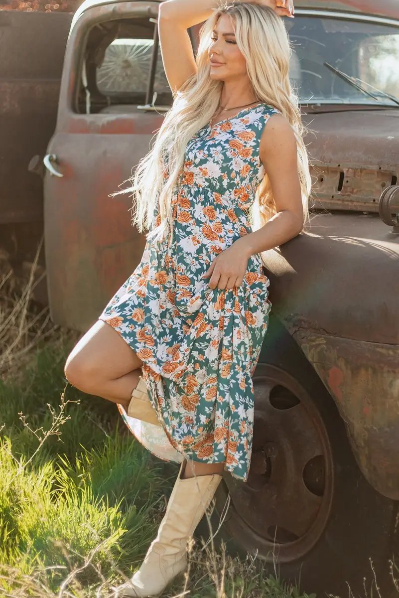 Dresses Love Salve Green Floral Dress Women's Vacation A-Line Dress: Tie Waist, Summer