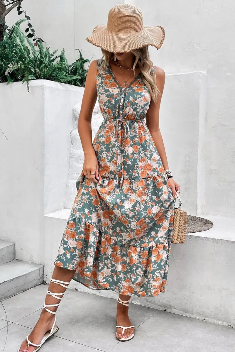 Dresses Love Salve Green Floral Dress Women's Vacation A-Line Dress: Tie Waist, Summer