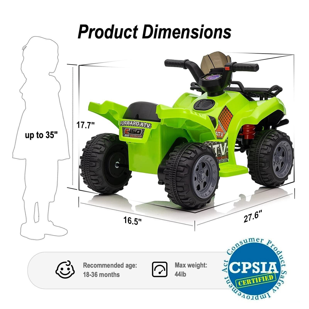 Green Hikiddo Kids ATV 6V Ride On Toy Car with Music for Toddlers
