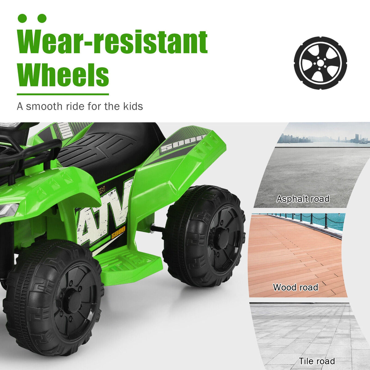 Green 6V ATV Quad Electric Ride On Car Toy for Toddlers with LED Light and MP3 Player