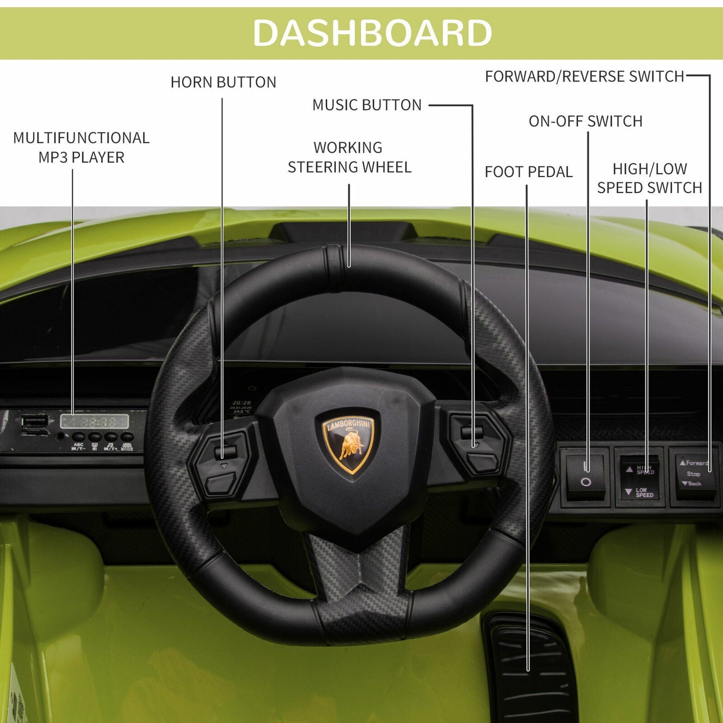 Green Lamborghini SIAN 12V Kids Ride On Car with Remote Control - Rechargeable Toy