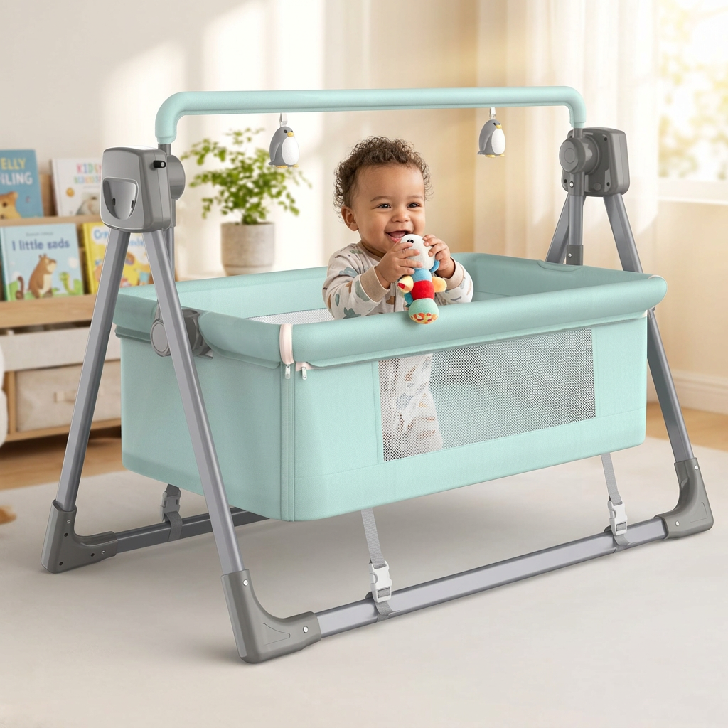 SmartBaby Multi-function Intelligent Electric Cradle – Pink | Bluetooth Music, Remote Control & Automatic Rocking Motion