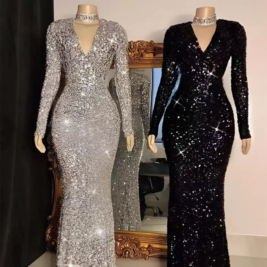 Grey Long Sleeve Sequin Mermaid Evening Dress