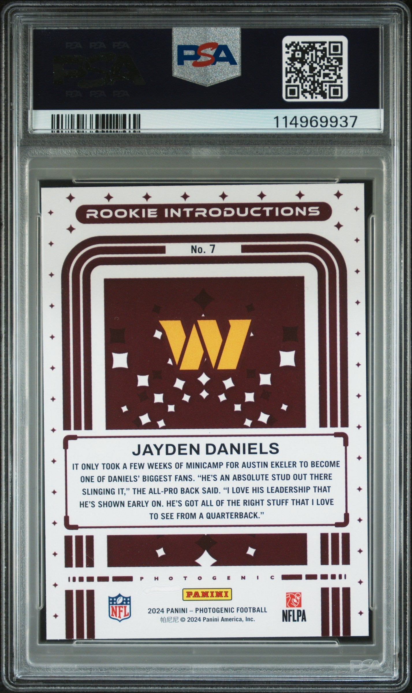Graded 2024 Panini Photogentic Jayden Daniels #7 Rookie Introductions Rookie RC Football Card PSA 10 Gem Mint