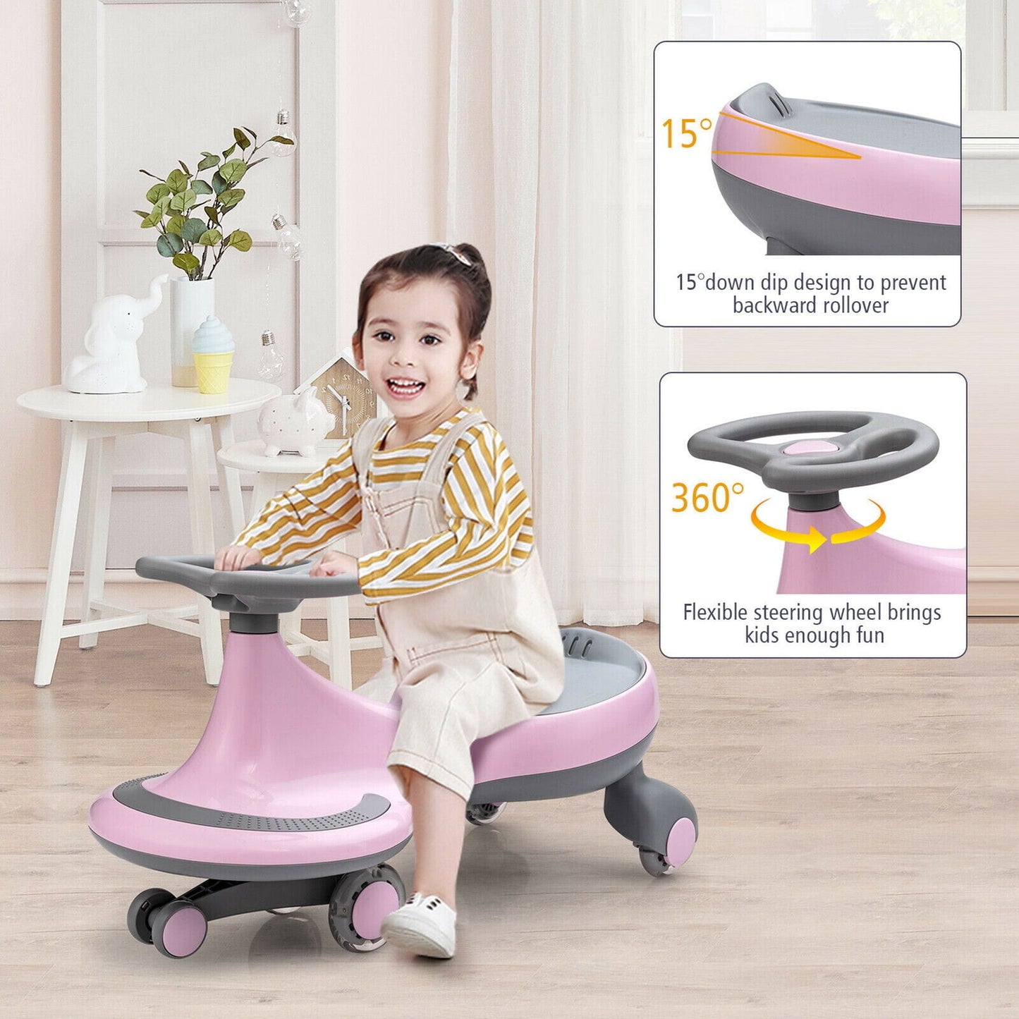 Gymax Pink Wiggle Car Ride-on Toy with Flashing Wheels for Toddlers and Kids