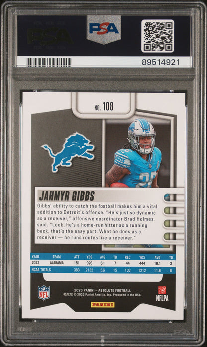 Graded 2023 Panini Absolute Jahmyr Gibbs #108 Red Squares #/499 Rookie RC Football Card PSA 10 Gem Mint