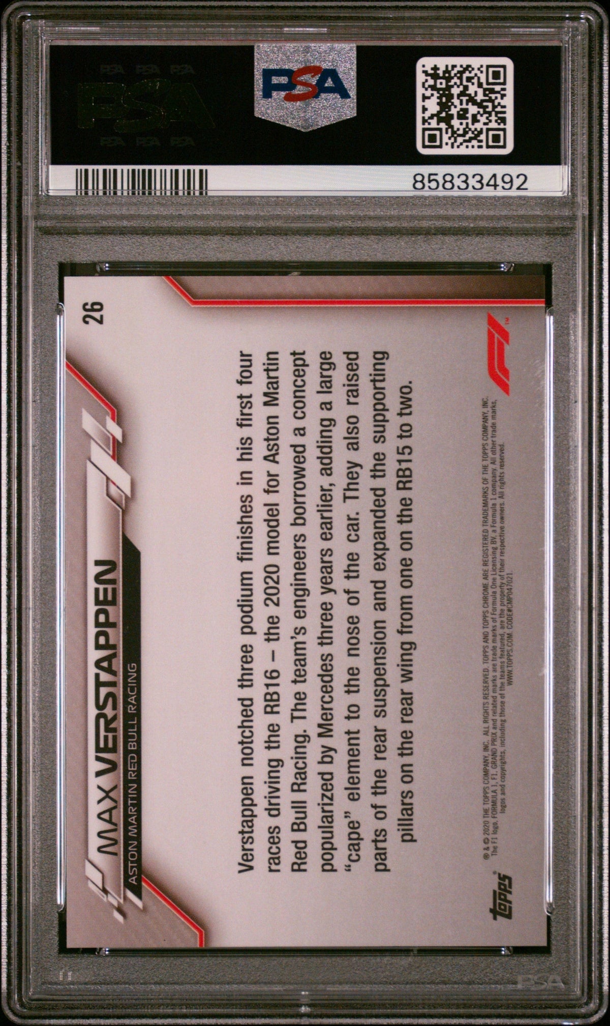 Graded 2020 Topps Chrome F1 Max Verstappen #26 Sapphire Edition F1 Racing Card PSA 10 Gem Mint