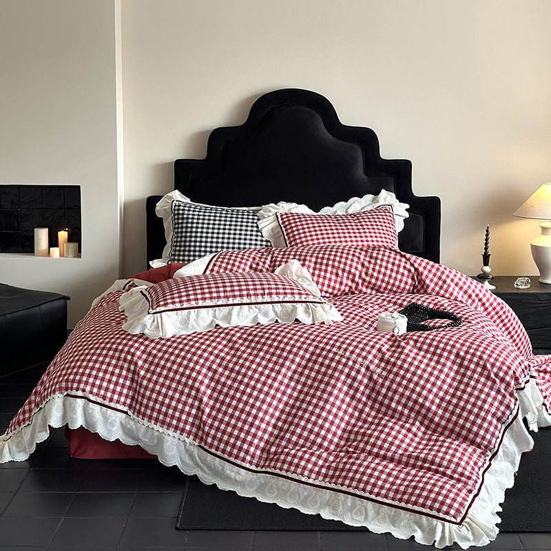 Hazel Vintage Gingham Ruffle Bedding Set / Red