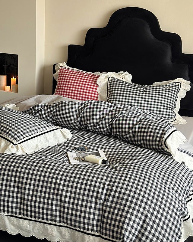 Hazel Vintage Gingham Ruffle Bedding Set / Red