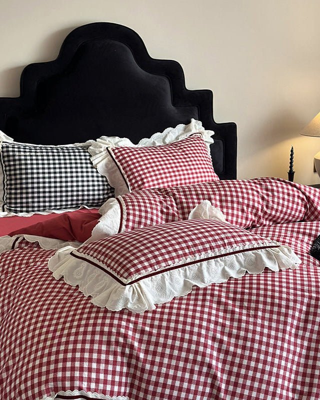 Hazel Vintage Gingham Ruffle Bedding Set / Red