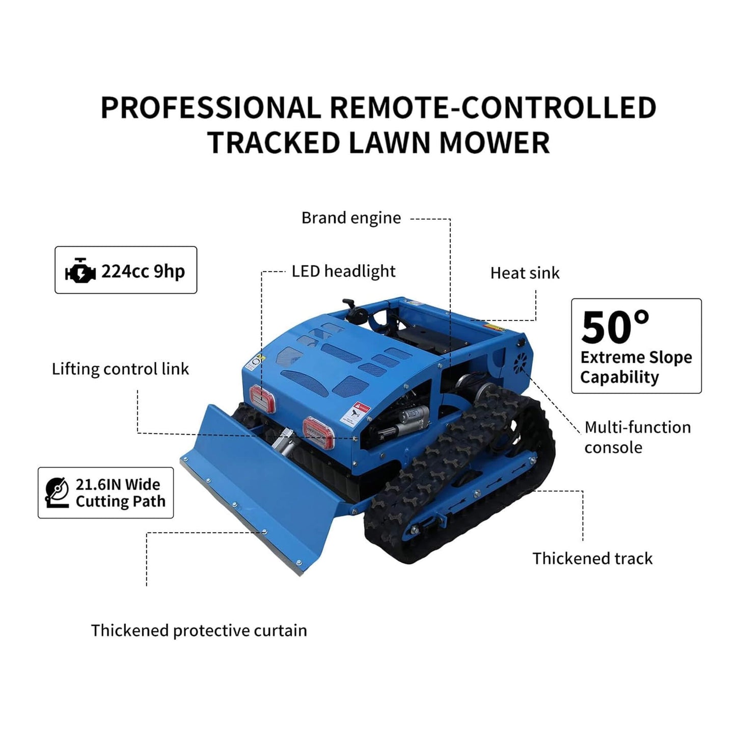 Heavy-Duty 21-Inch 9HP Commercial Remote-Controlled Robotic Lawn Mower With Tracks And Plow (SAK26583)