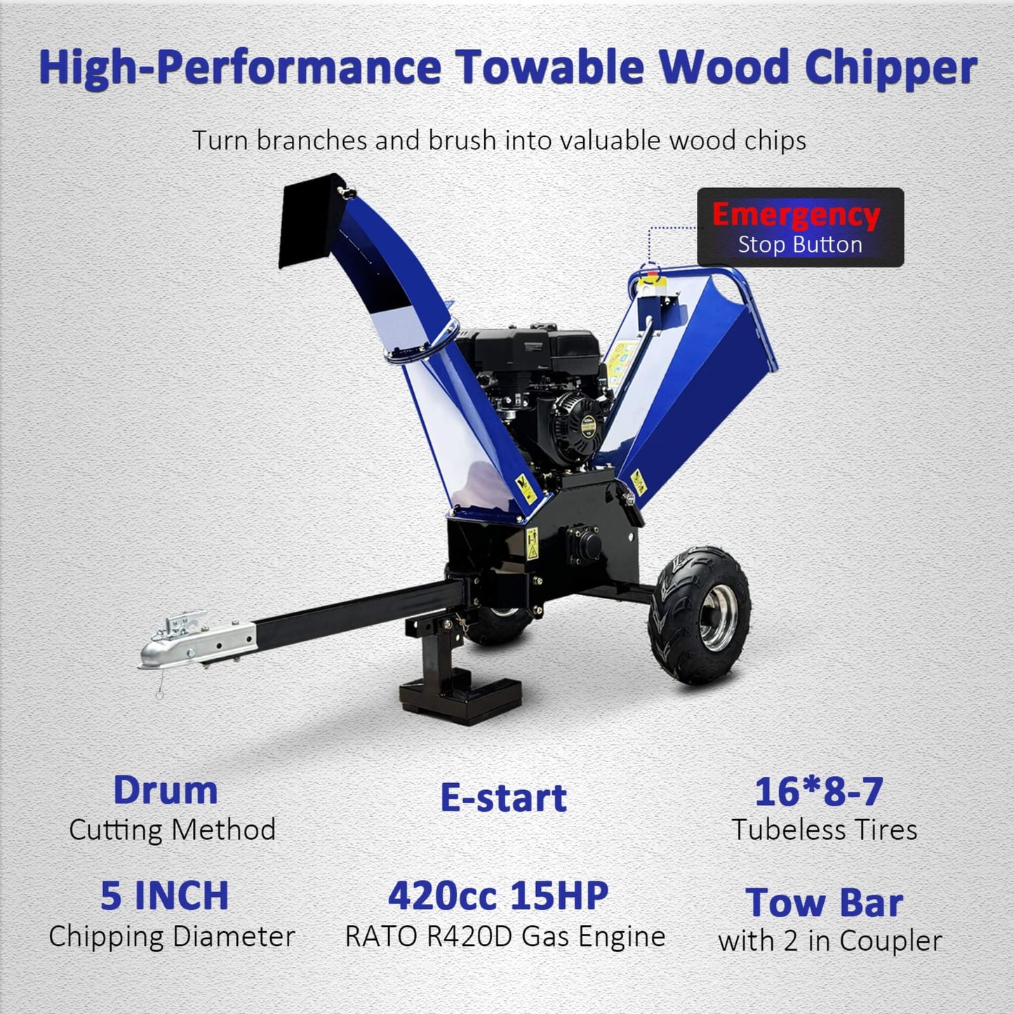 Heavy-Duty 5-Inch 15HP 420CC Gas Drum Wood Chipper Shredder With Electric Start And Tow Hitch (SAK48652)