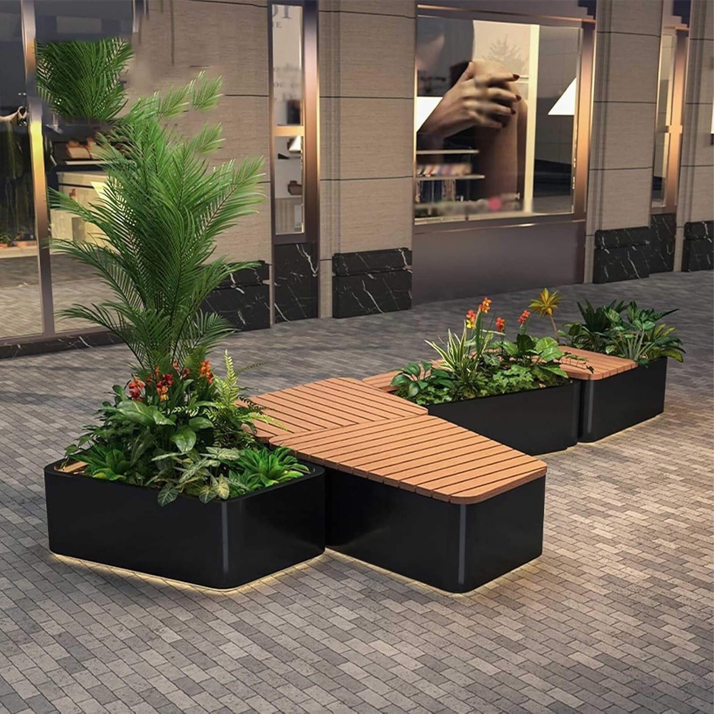 Heavy-Duty Commercial Outdoor Stainless Steel Bench With Wood Seat And Planter Box [Made-To-Order] (SAK41578)