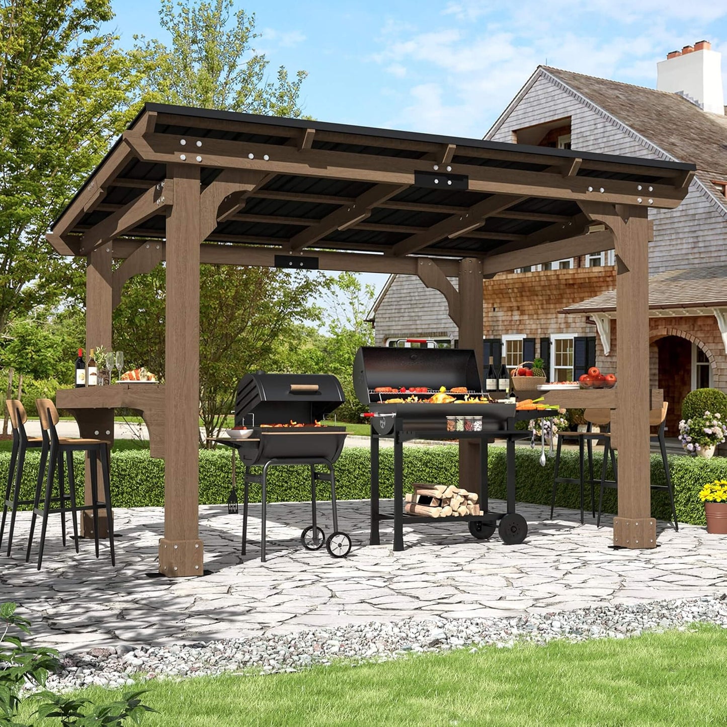 Alora Heavy-Duty Premium Wooden Grill Gazebo With Sloped Metal Roof (SAK61583)