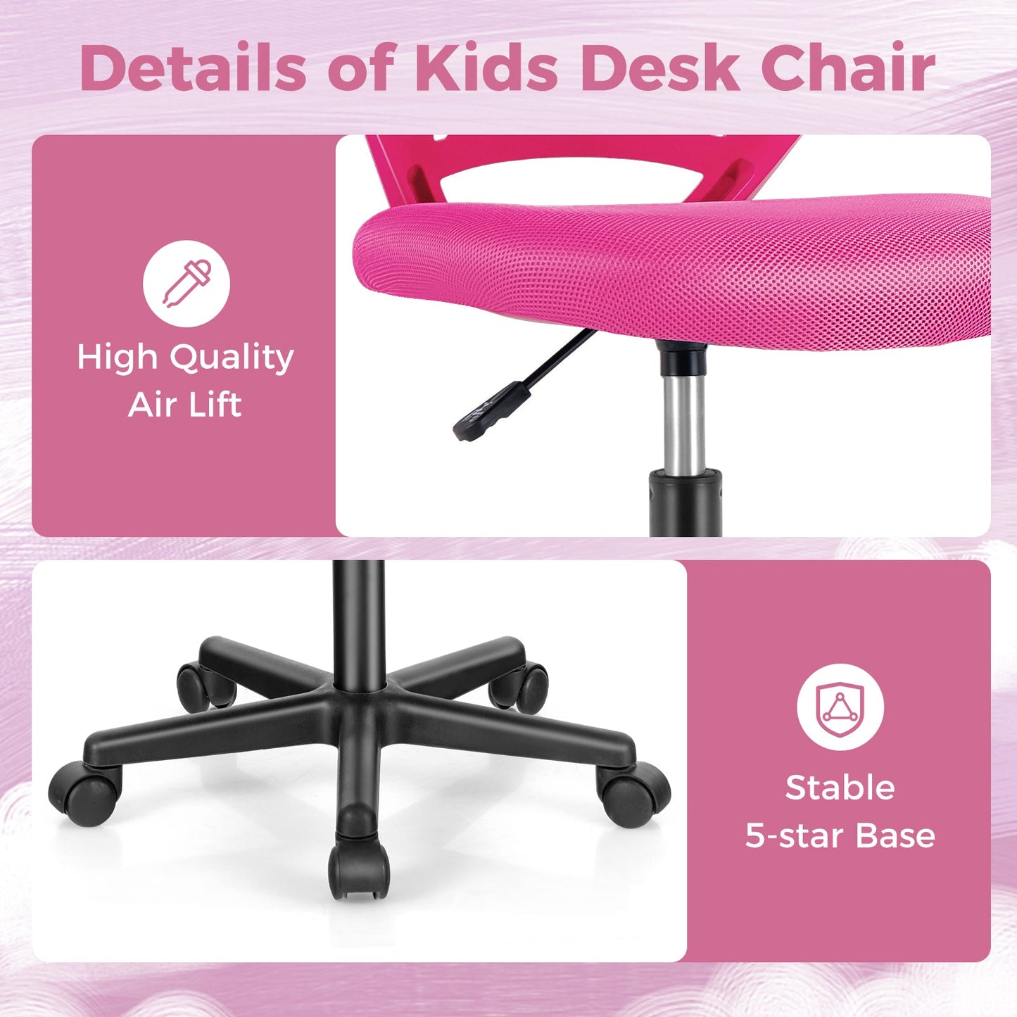Height-adjustable Ergonomic Kids Desk Chair with Universal Casters-Pink