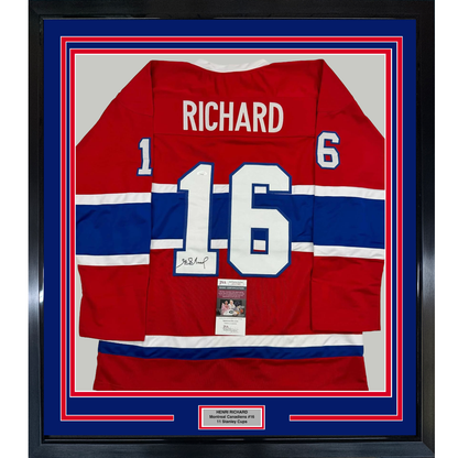 Framed Autographed/Signed Henri Richard 35x39 Montreal Red Hockey Jersey JSA COA