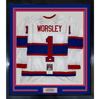 Framed Autographed/Signed Gump Worsley 35x39 Montreal White Hockey Jersey JSA COA