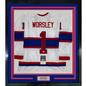 Framed Autographed/Signed Gump Worsley 35x39 Montreal White Hockey Jersey JSA COA