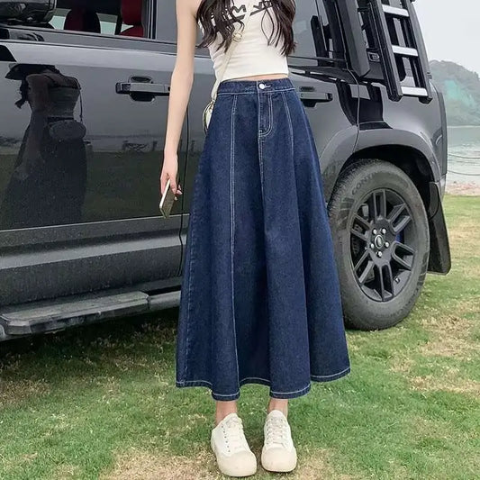 High Waist Flared Denim Skirt Women’s Mid-length