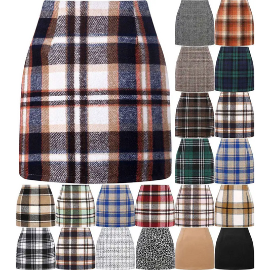 High Waist Plaid Tight Pencil Wool Mini Skirt