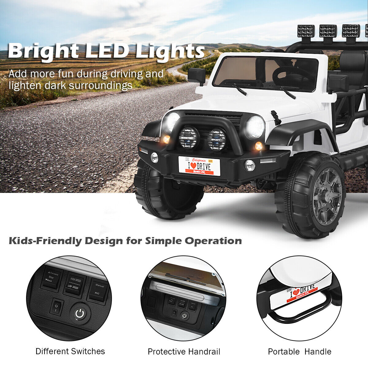 HoneyJoy 12V 2-Seater RC Electric Truck for Kids with Storage - White