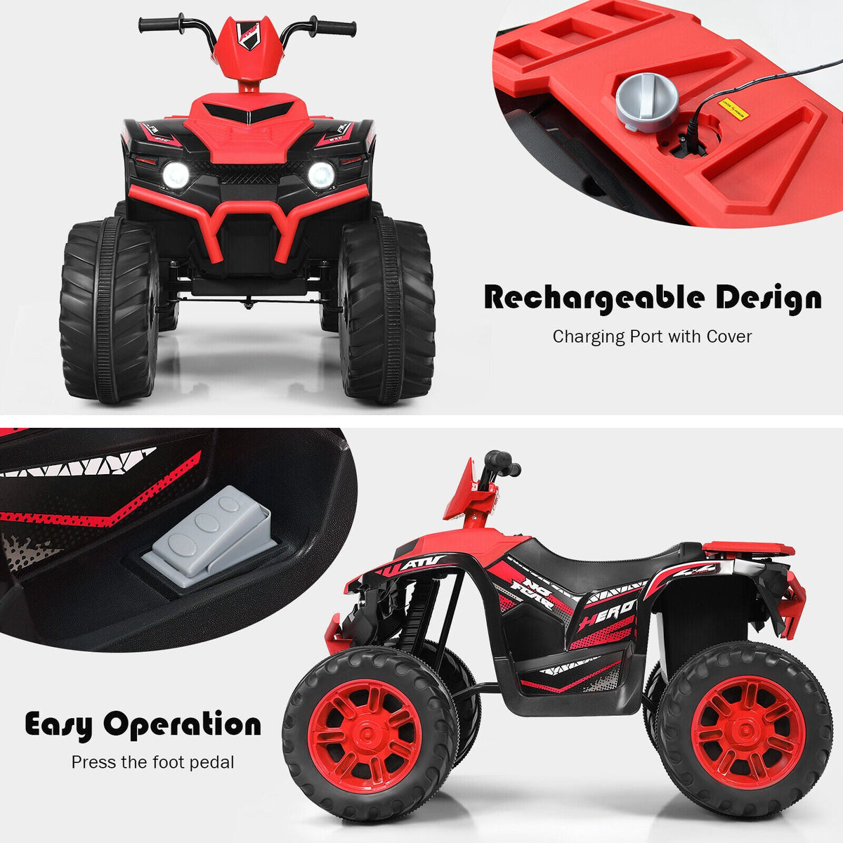 HoneyJoy 12V Kids ATV Quad Ride On Car with LED Light & Music - Red