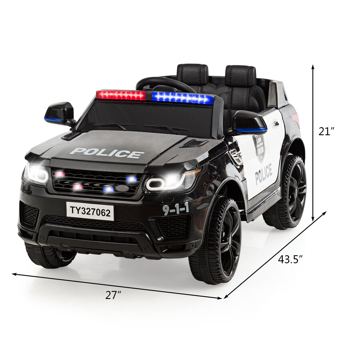HoneyJoy 12V Kids Police Ride On Car with Remote Control, LED Lights, and Siren - Black